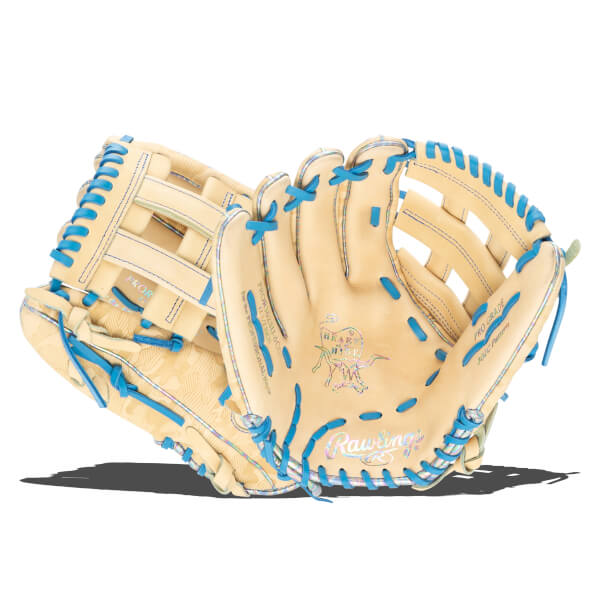 Close-up of a tan baseball glove with bright blue lacing and iridescent accents, showing the "Heart of the Hide" logo.