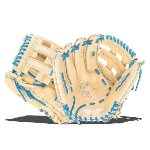 Close-up of a tan baseball glove with bright blue lacing and iridescent accents, showing the "Heart of the Hide" logo.