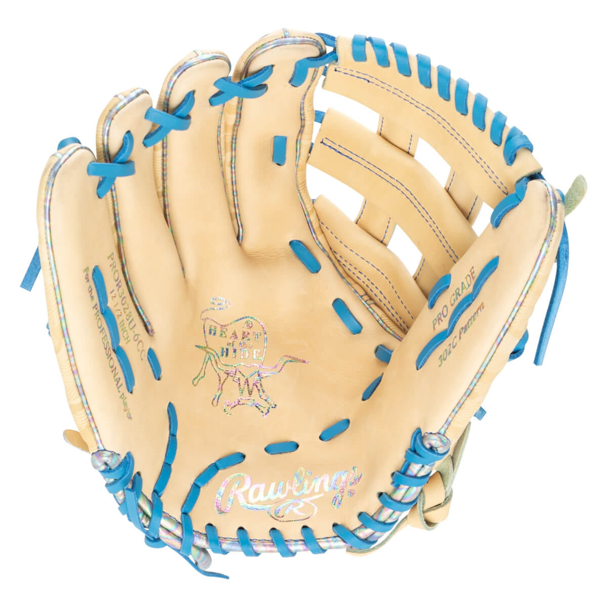 Top-down view of a tan baseball glove with iridescent trim and bright blue lacing, showing the "Rawlings" logo.