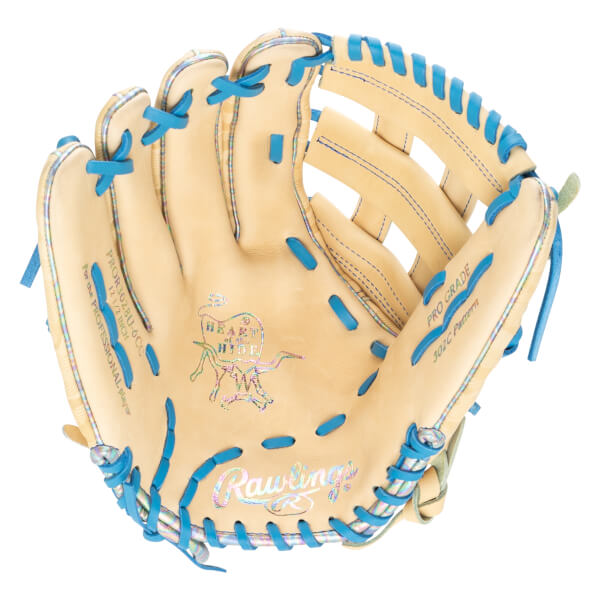 Top-down view of a tan baseball glove with iridescent trim and bright blue lacing, showing the "Rawlings" logo.