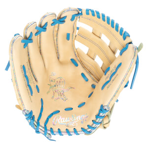 Top-down view of a tan baseball glove with iridescent trim and bright blue lacing, showing the "Rawlings" logo.