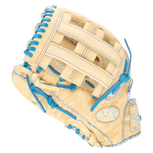 Top-down view of a tan baseball glove with blue lacing, a "PROR" logo, and iridescent trim.