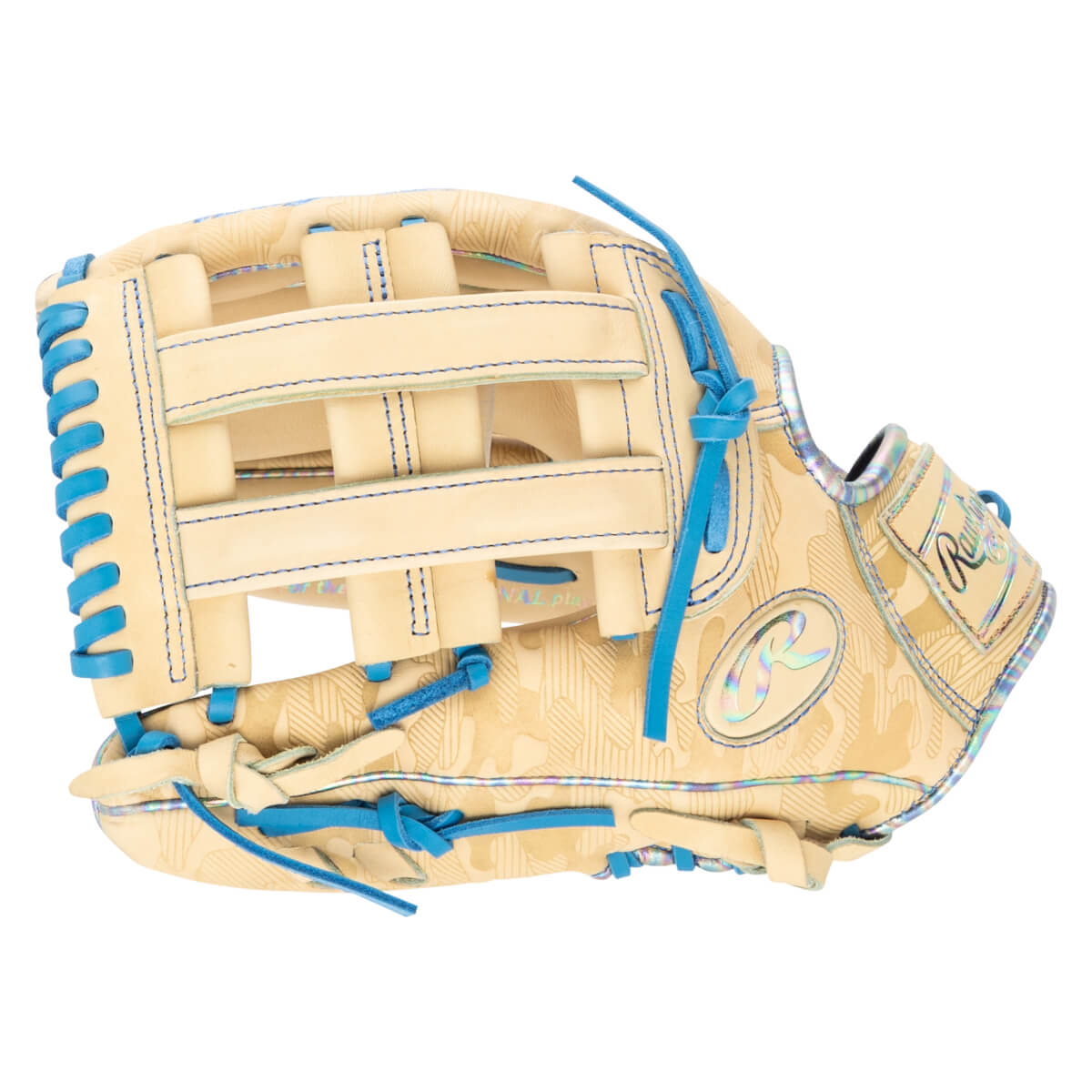 Side view of a tan baseball glove with blue lacing, a camouflage pattern, and a Rawlings logo.