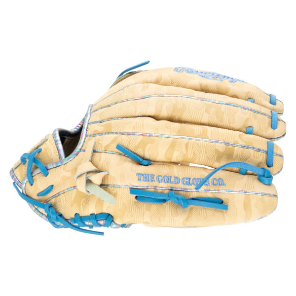 Side view of a tan baseball glove with a camouflage pattern, blue lacing, and "THE GOLD GLOVE CO." text.