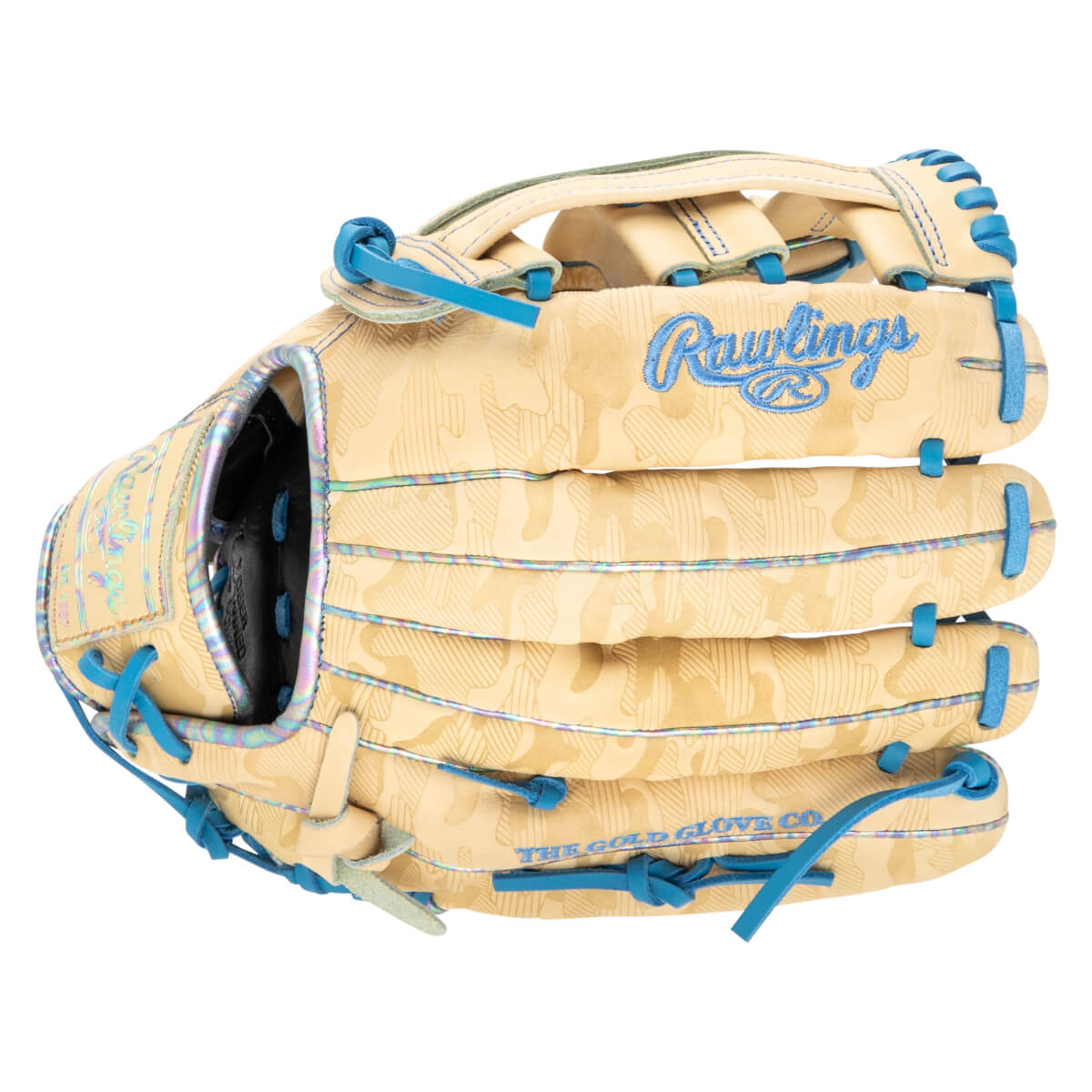 Front view of a beige baseball glove with a camouflage pattern, blue lacing, and "Rawlings" embroidered in blue.