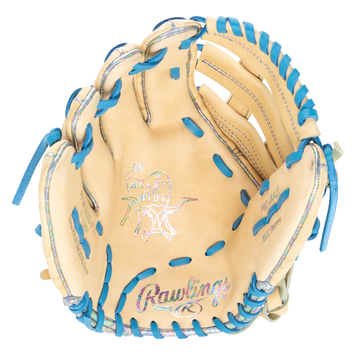 Top-down view of a tan baseball glove with blue lacing and iridescent accents, featuring "Rawlings" and "Heart of the Hide" logos.