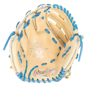 Top-down view of a tan baseball glove with blue lacing and iridescent accents, featuring "Rawlings" and "Heart of the Hide" logos.