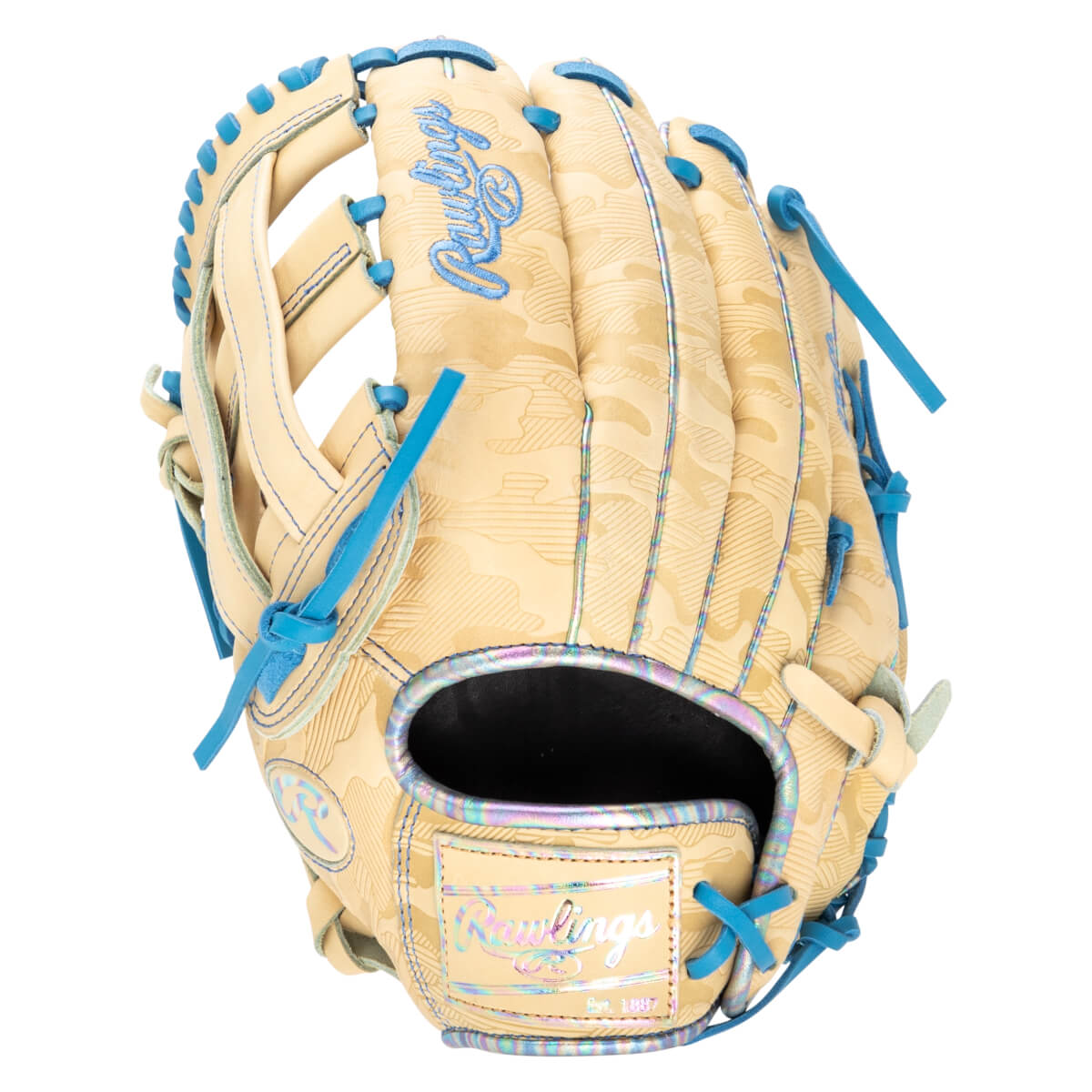 Top-down view of a tan baseball glove with a camouflage pattern, blue lacing, and a holographic Rawlings logo.
