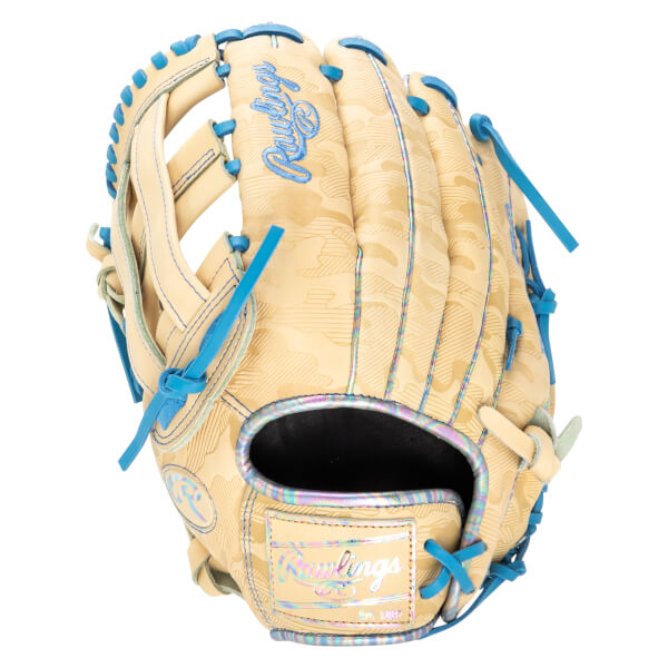 Top-down view of a tan baseball glove with a camouflage pattern, blue lacing, and a holographic Rawlings logo.