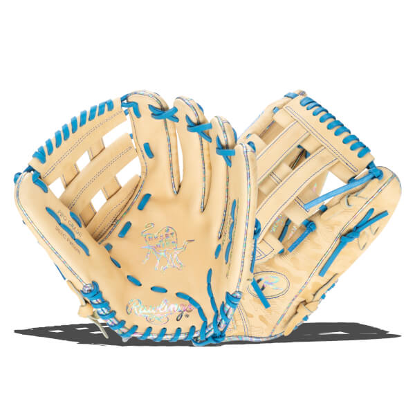 Top-down view of a tan baseball glove with bright blue lacing and holographic accents.