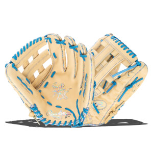 Top-down view of a tan baseball glove with bright blue lacing and holographic accents.