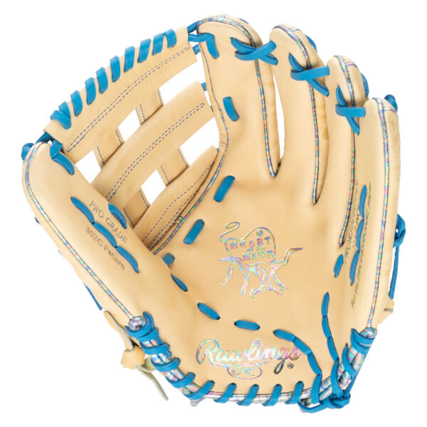 Front view of a tan baseball glove with blue lacing, "Rawlings" logo, and "Heart of the Hide" emblem.