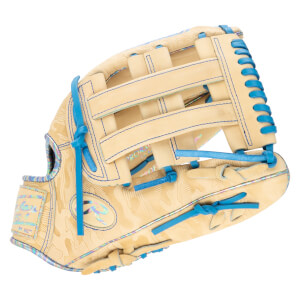 Top-down view of a tan baseball glove with blue lacing, a camouflage pattern, and "Rawlings" logo.