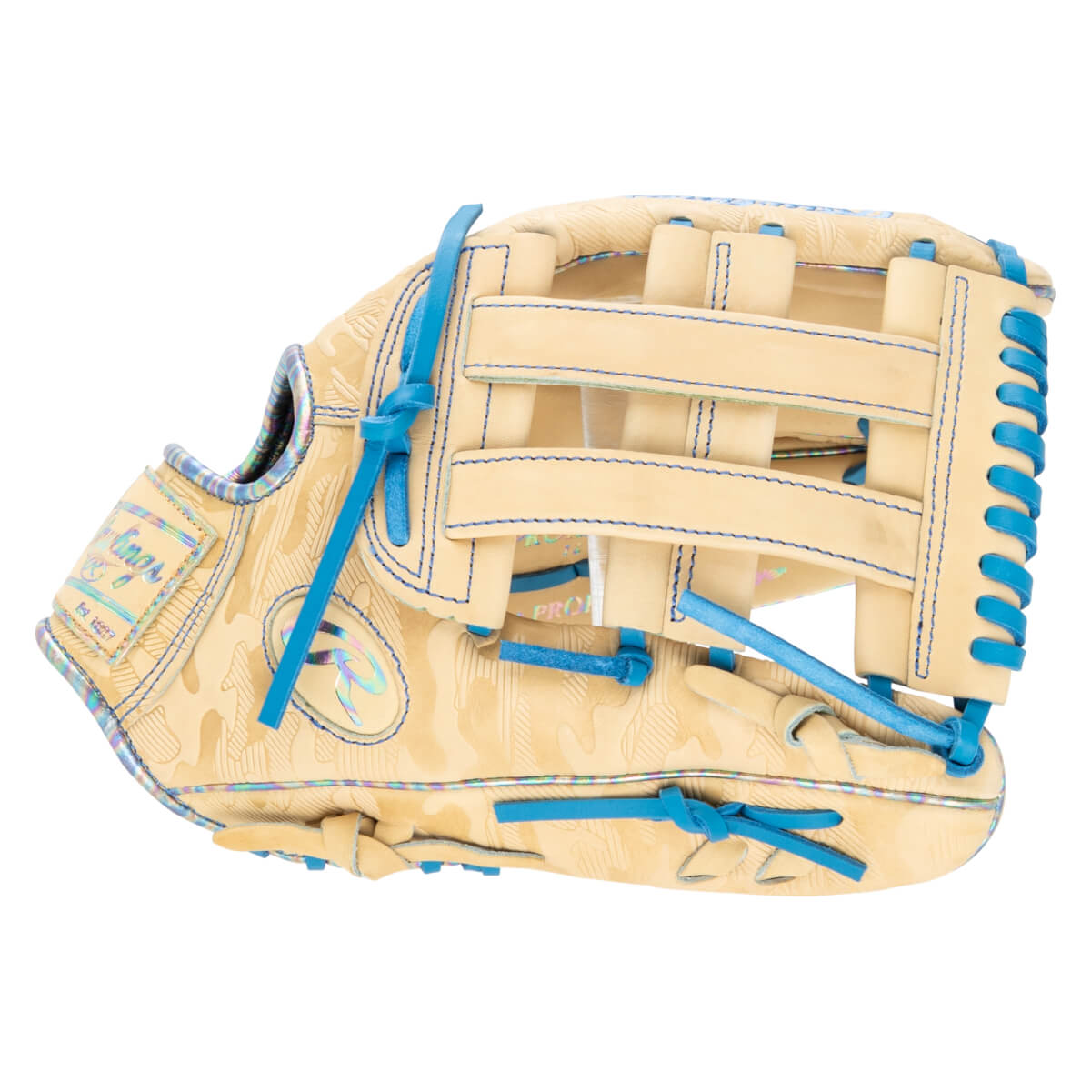 Side view of a tan baseball glove with blue lacing, a camouflage pattern, and iridescent trim.