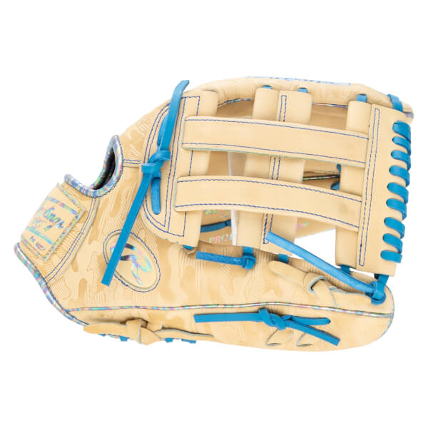 Side view of a tan baseball glove with blue lacing, a camouflage pattern, and iridescent trim.