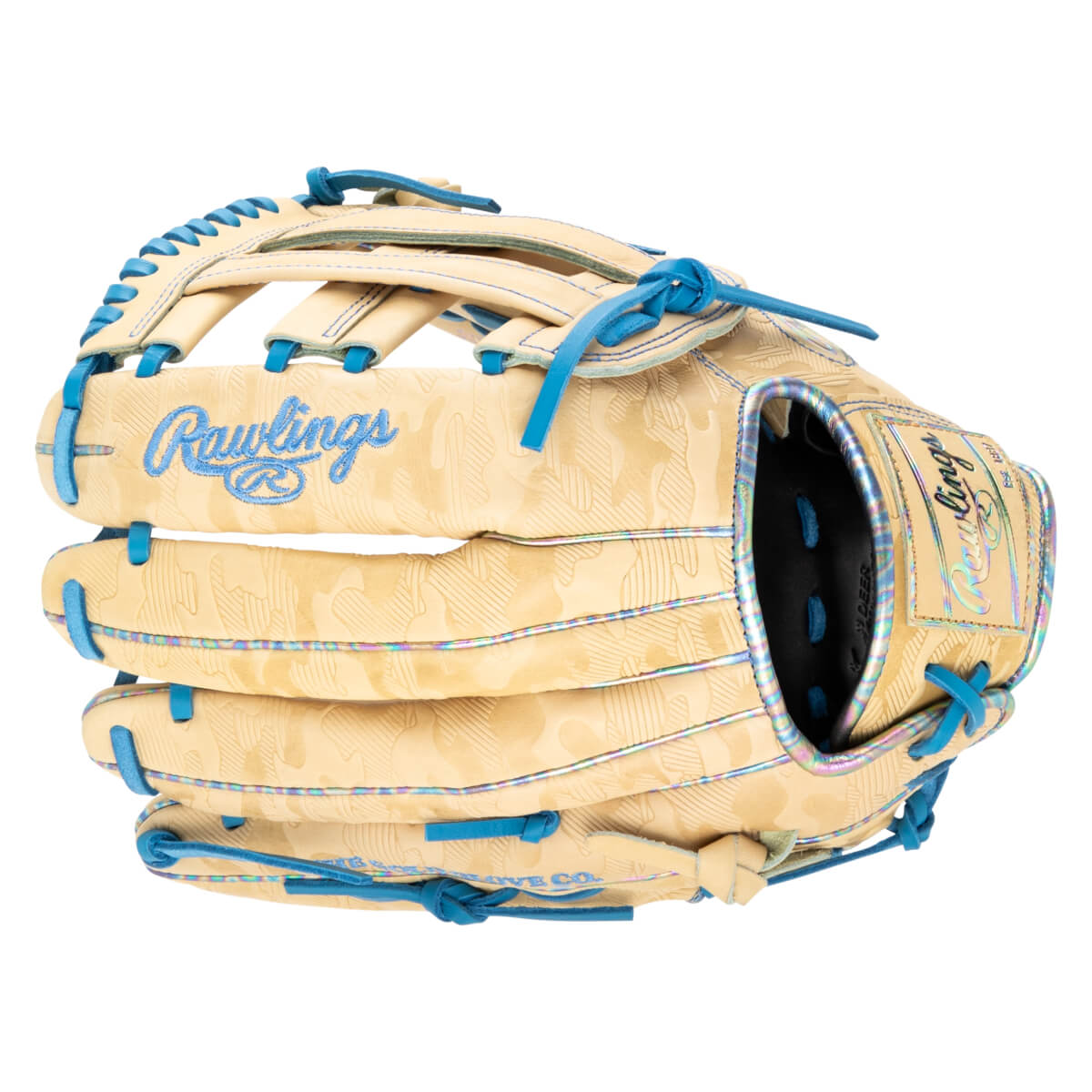 Front view of a tan baseball glove with blue laces, a camouflage pattern, and "Rawlings" embroidered in blue.