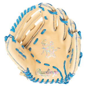 Top-down view of a tan baseball glove with blue lacing, "Rawlings" logo, and "Heart of the Hide" emblem.