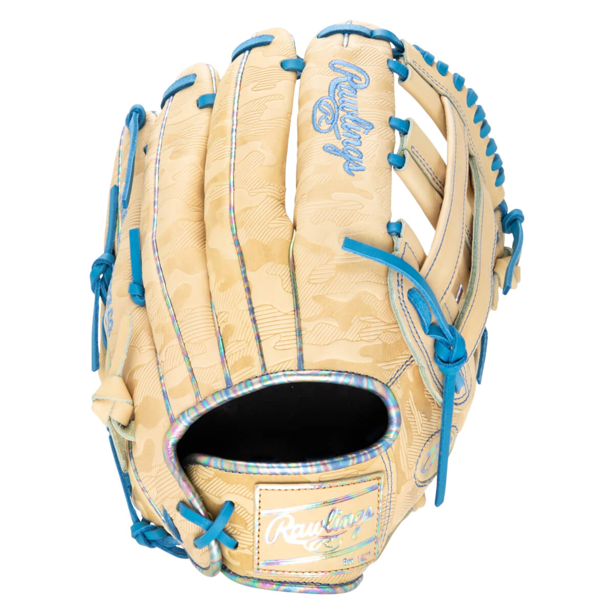 Front view of a tan baseball glove with blue laces, a camouflage pattern, and iridescent trim.