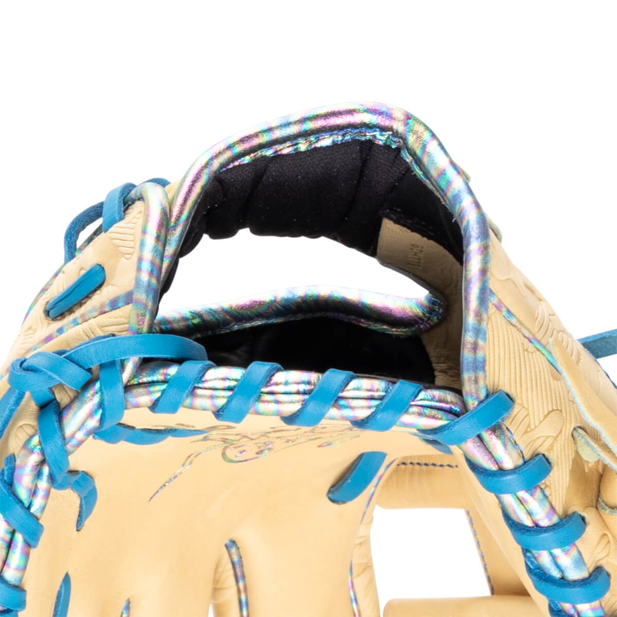 Close-up of a baseball glove showing iridescent trim, blue lacing, and textured leather.