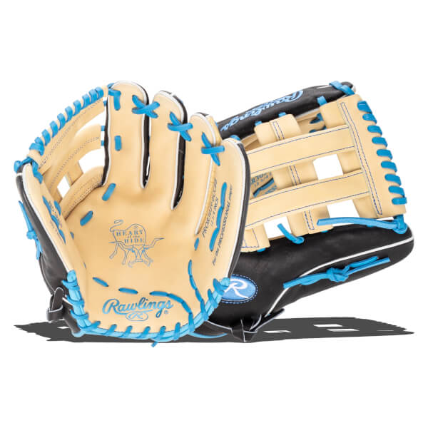 Front view of a Rawlings baseball glove with tan palm, black back, and bright blue lacing.