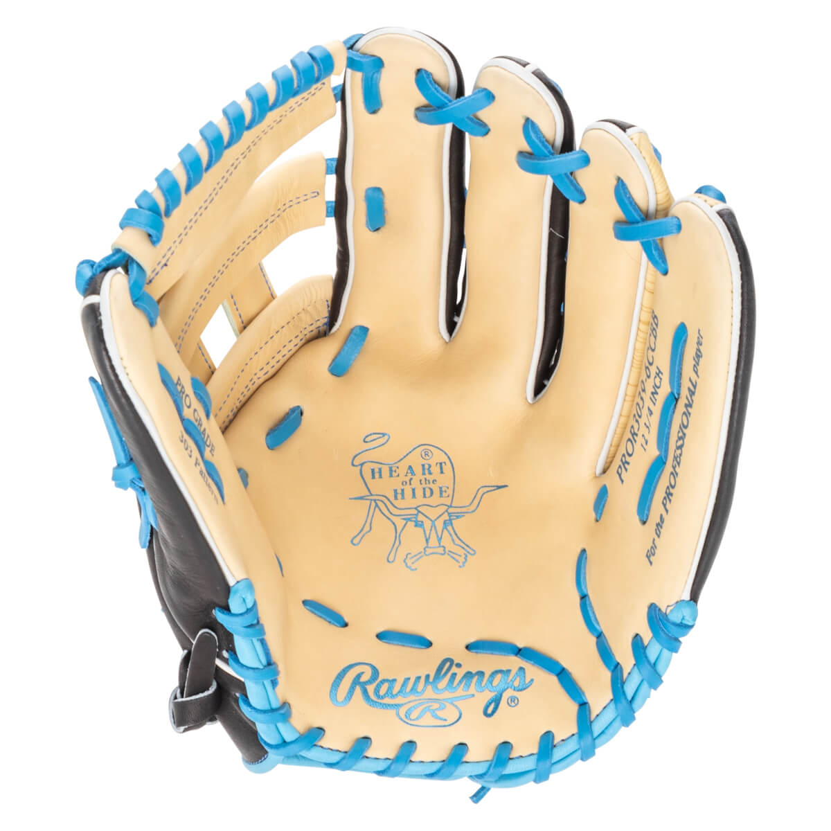 Top-down view of a tan baseball glove with bright blue lacing and the Rawlings logo.