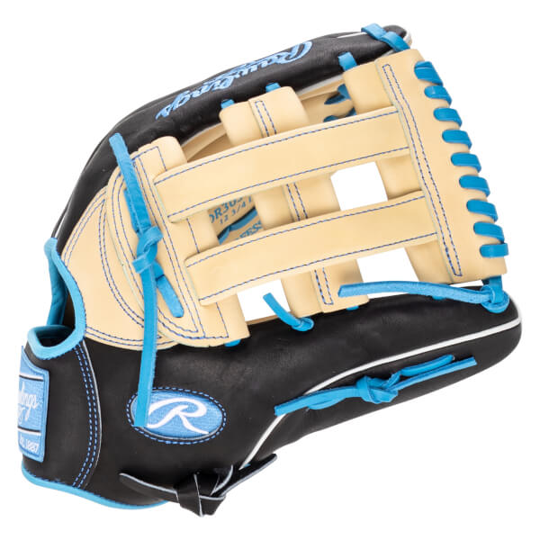 Front view of a black and tan baseball glove with bright blue lacing and stitching, featuring the Rawlings logo.