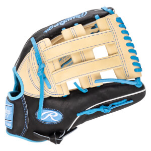 Front view of a black and tan baseball glove with bright blue lacing and stitching, featuring the Rawlings logo.