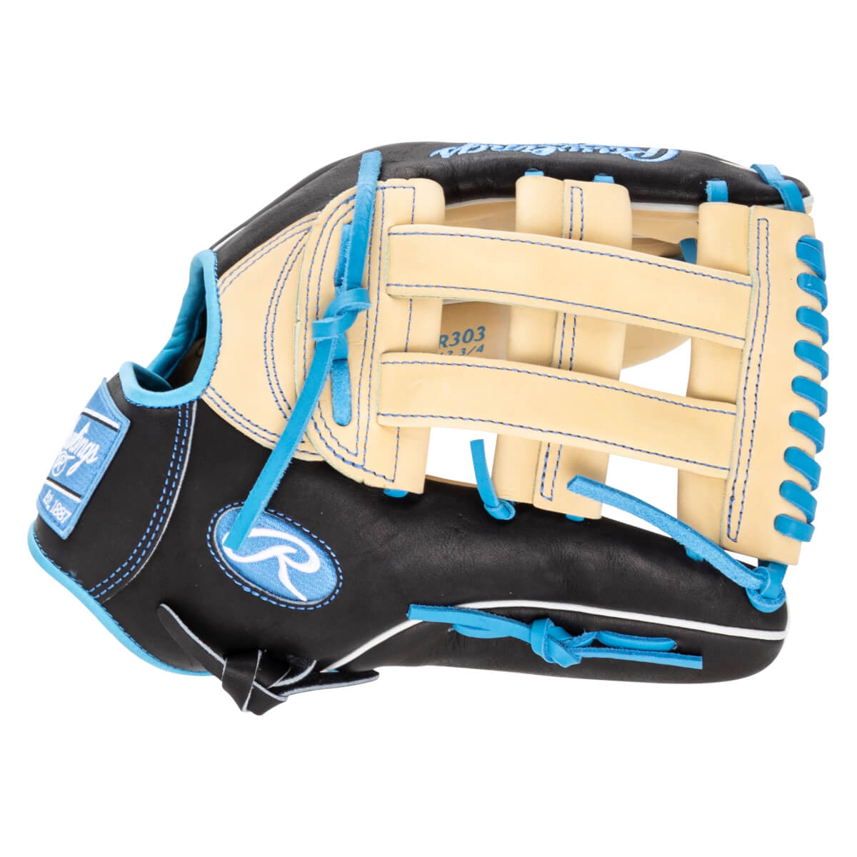 Side view of a black and tan Rawlings baseball glove with bright blue laces and stitching, showing the R303 11 3/4 label.