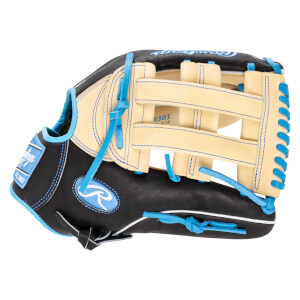 Side view of a black and tan Rawlings baseball glove with bright blue laces and stitching, showing the R303 11 3/4 label.