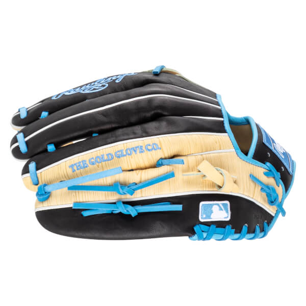 Front view of a black and tan baseball glove with blue lacing and "THE GOLD GLOVE CO." text.