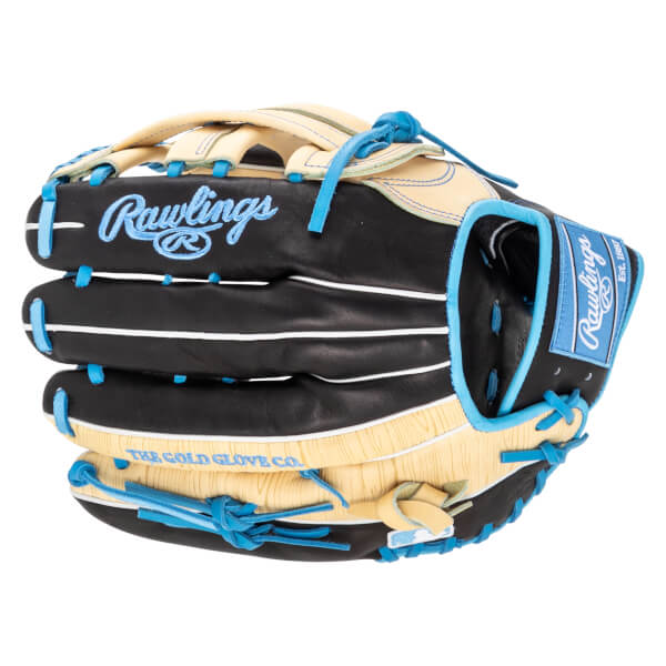 Front view of a black and tan baseball glove with blue lacing and "Rawlings" embroidered in blue.