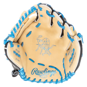Inside view of a tan Rawlings baseball glove with blue lacing, showing the "Heart of the Hide" logo and "PRO GRADE 303 Pattern" text.