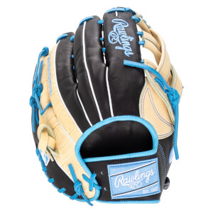 Front view of a black and tan Rawlings baseball glove with blue lacing and a blue Rawlings logo patch.