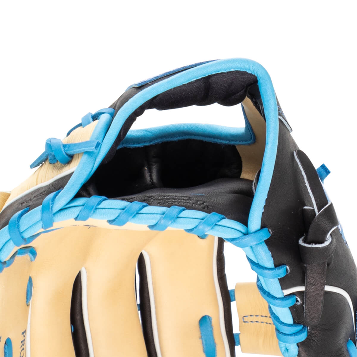 Close-up of a black and tan baseball glove with bright blue lacing and trim.