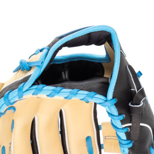Close-up of a black and tan baseball glove with bright blue lacing and trim.