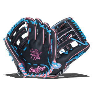 Front view of a black baseball glove with pink and blue stitching, featuring the Rawlings logo and "Heart of the Hide" emblem.