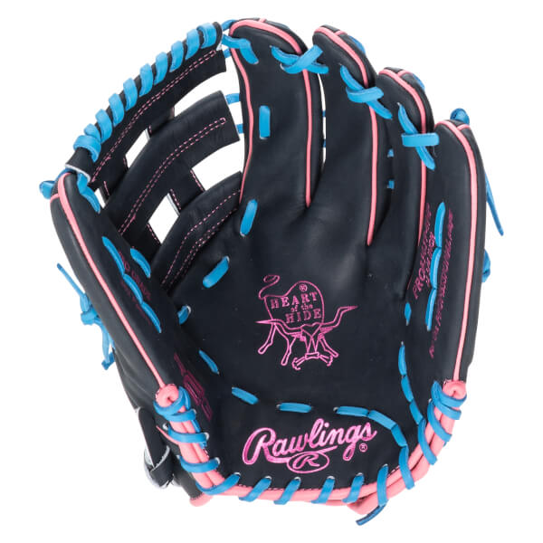 Top-down view of a black baseball glove with pink and blue lacing, featuring the "Rawlings" logo and "Heart of the Hide" emblem.