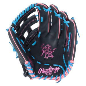 Top-down view of a black baseball glove with pink and blue lacing, featuring the "Rawlings" logo and "Heart of the Hide" emblem.