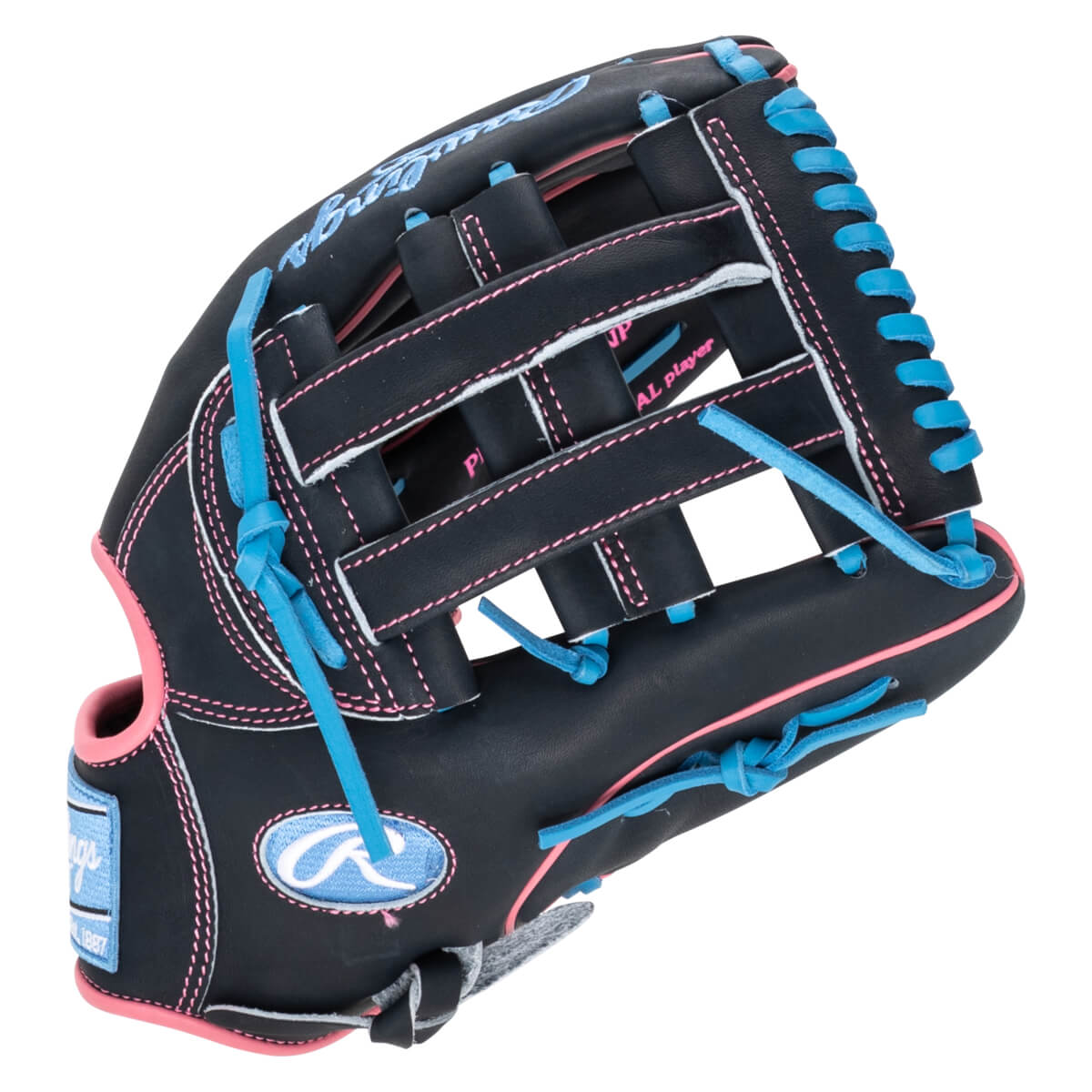 Top-down view of a black baseball glove with bright blue laces and pink stitching, featuring the Rawlings logo.