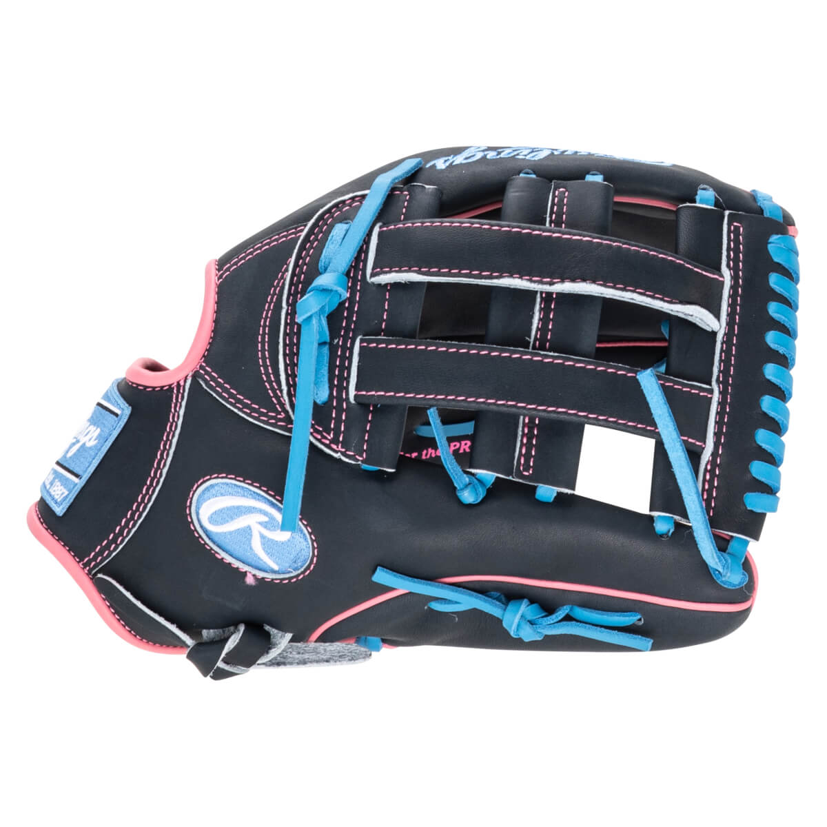 Side view of a black baseball glove with pink and blue stitching and laces, featuring the Rawlings logo.