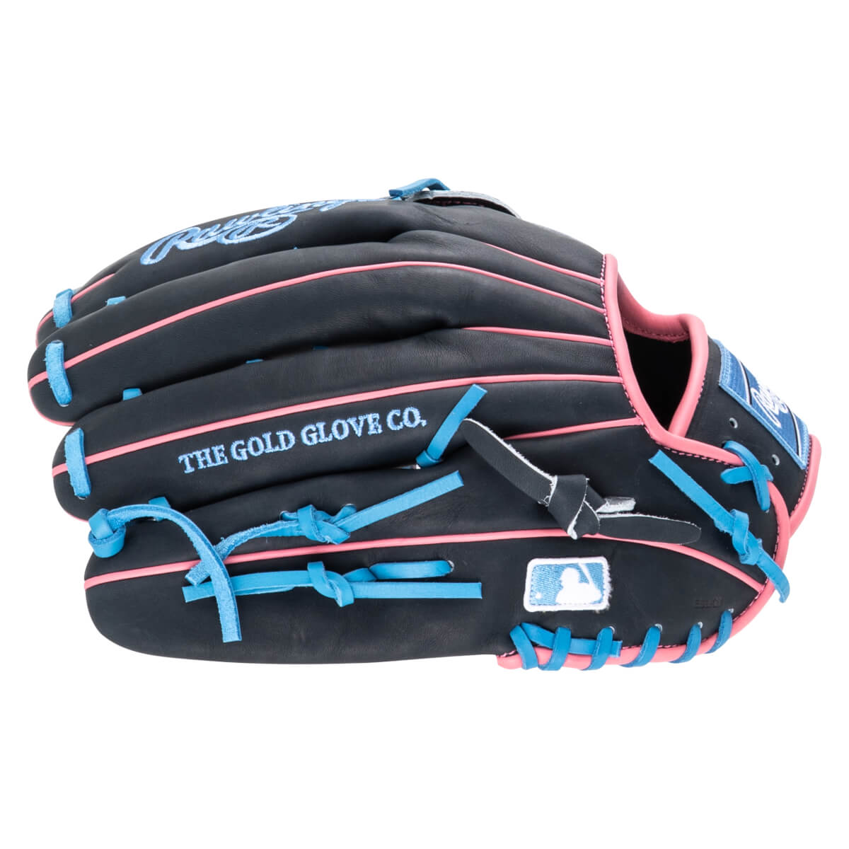 Side view of a black baseball glove with pink and blue lacing, featuring "THE GOLD GLOVE CO." embroidery and an MLB logo.
