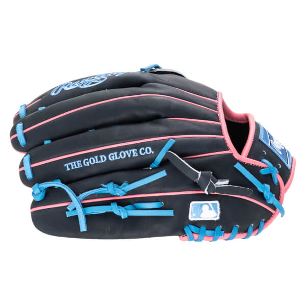 Side view of a black baseball glove with pink and blue lacing, featuring "THE GOLD GLOVE CO." embroidery and an MLB logo.