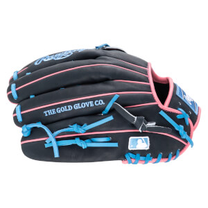 Side view of a black baseball glove with pink and blue lacing, featuring "THE GOLD GLOVE CO." embroidery and an MLB logo.
