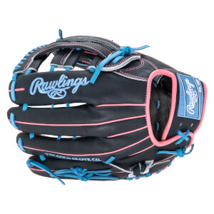 Front view of a black Rawlings baseball glove with pink and blue accents, featuring "Rawlings" embroidered in blue.