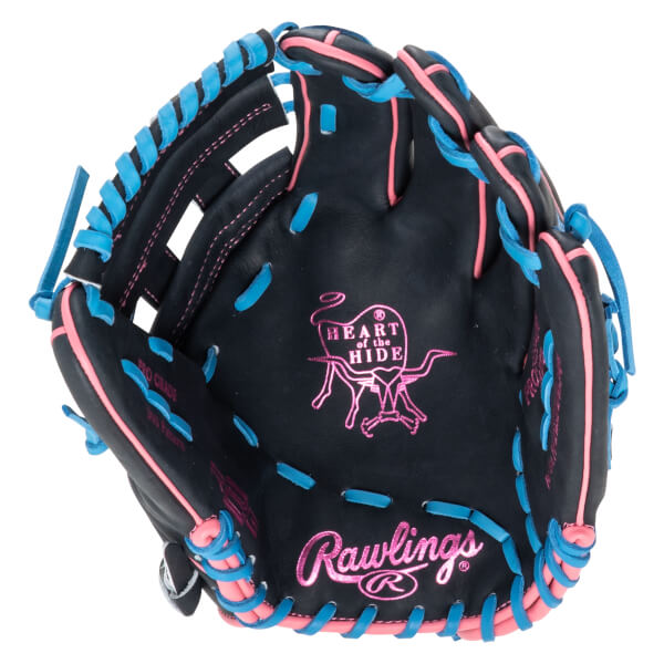 Top-down view of a black baseball glove with pink and blue lacing, featuring "Rawlings" and "Heart of the Hide" logos.