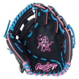 Top-down view of a black baseball glove with pink and blue lacing, featuring "Rawlings" and "Heart of the Hide" logos.