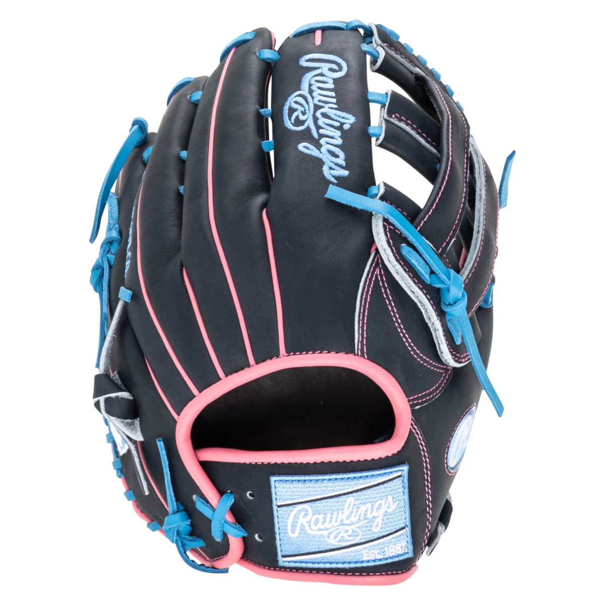 Front view of a black baseball glove with pink and blue accents, featuring the Rawlings logo.