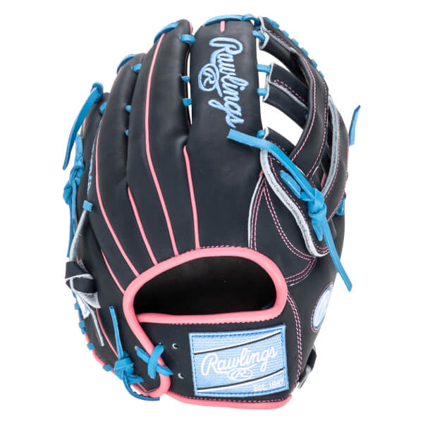 Front view of a black baseball glove with pink and blue accents, featuring the Rawlings logo.