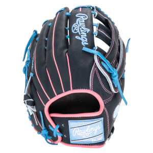 Front view of a black baseball glove with pink and blue accents, featuring the Rawlings logo.