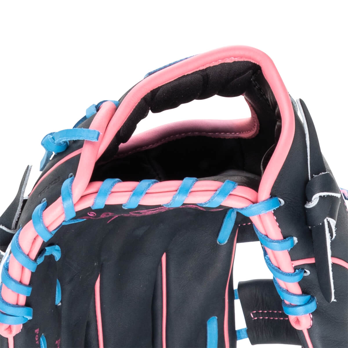 Close-up of a black baseball glove with pink and blue lacing and pink trim.